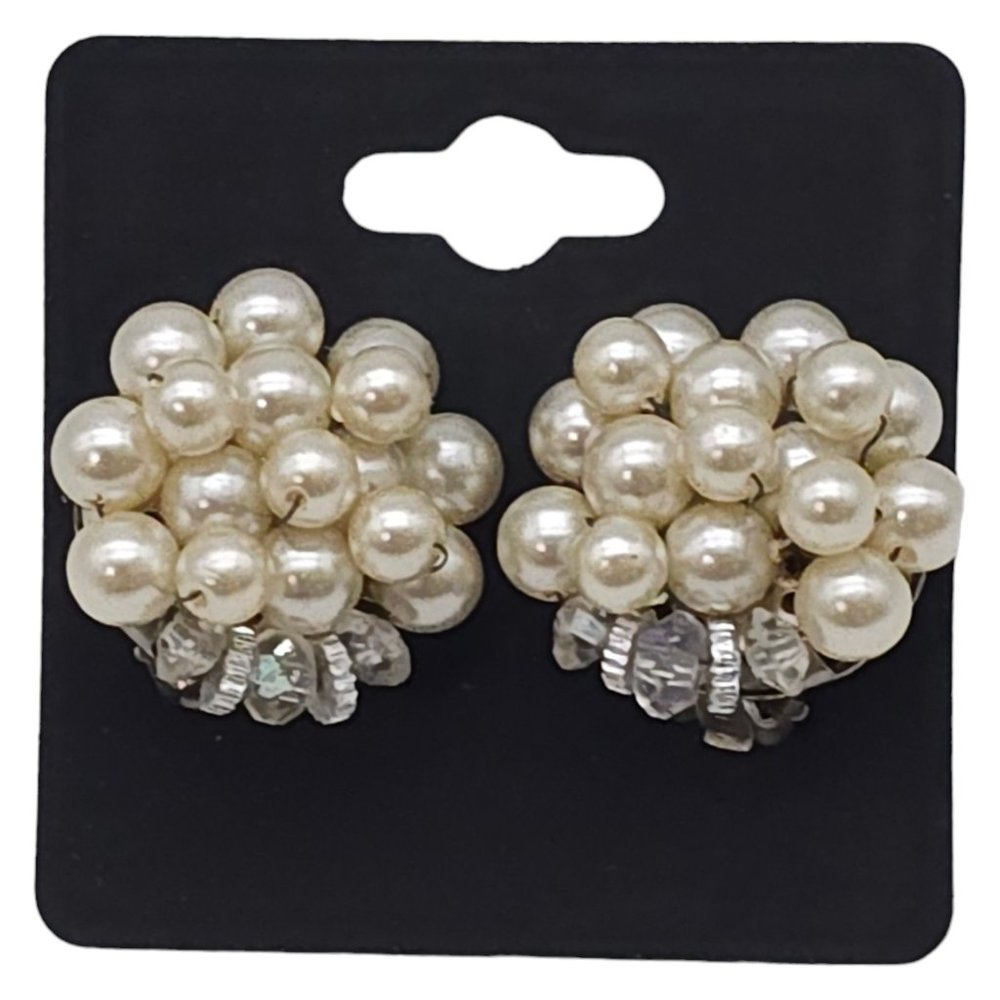 Vintage Faux Pearl Cluster Stud Earrings Japan Signed Clip Ons Nice Clasp P4